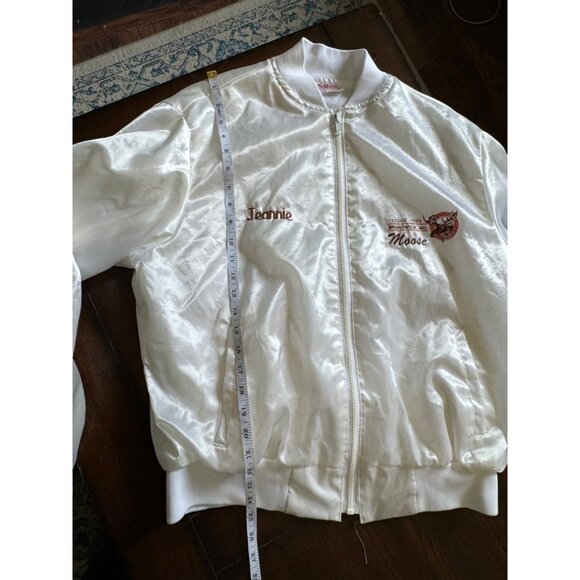 Vintage White Satin Moose Lodge Varsity Jacket Jeannie Embroidery Full Zip Large - Picture 8 of 12